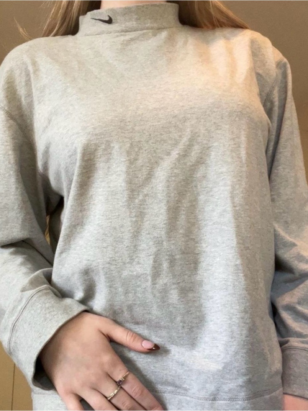 Nike Mock Neck Long Sleeve Top Gray Heather Mini Swoosh Women’s Small